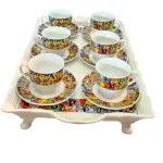 Ethiopian Queen of Sheba Coffee Set - 13-Piece Tray with 6 Cups (3oz), 6 Saucers & Durable 14’’ Ceramic Serving Tray