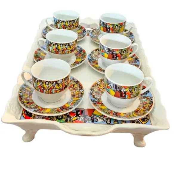 Ethiopian Queen of Sheba Coffee Set - 13-Piece Tray with 6 Cups (3oz), 6 Saucers & Durable 14’’ Ceramic Serving Tray