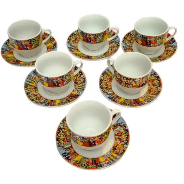 Ethiopian Queen of Sheba Coffee Set - 13-Piece Tray with 6 Cups (3oz), 6 Saucers & Durable 14’’ Ceramic Serving Tray